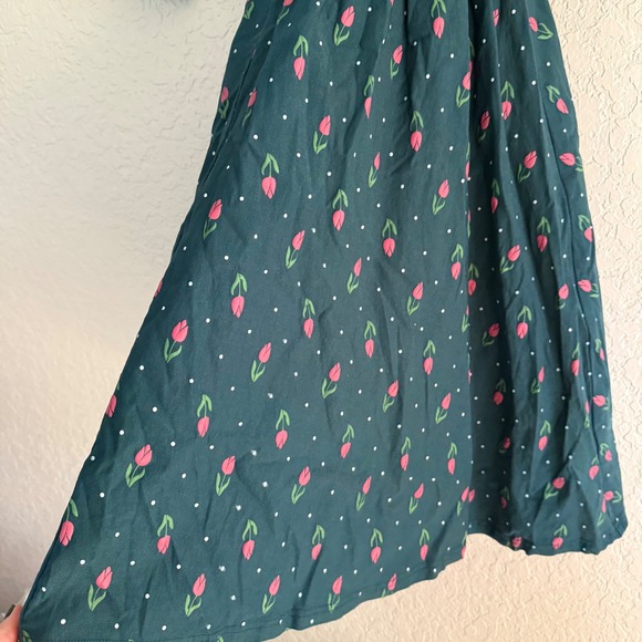 Unique Vintage Forest Green Lamar Swing MIDI Dress pink tulip & white polka dot - Picture 5 of 8